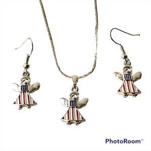 USA American Flag Necklace Earrings Set Angel Patriotic July 4th Enamel 18"